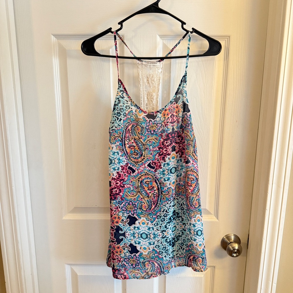Boho Paisley Print Tank Top w/ Crochet Detail – Multicolor – Size L